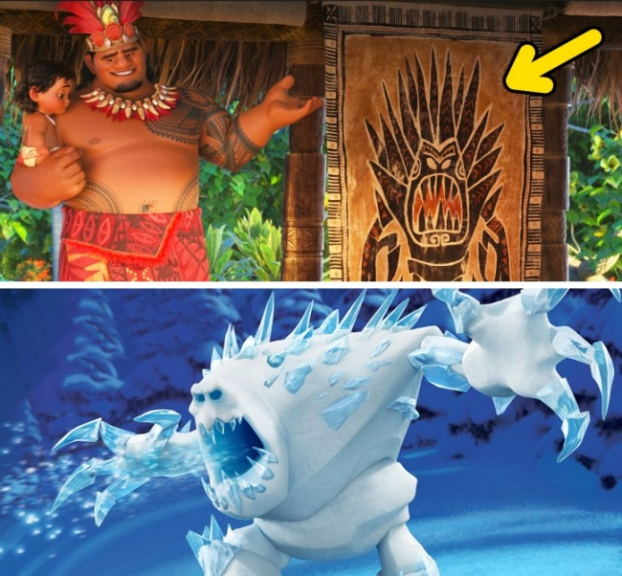   Hình vẽ trên tường trong Moana giống con quái vật băng do Elsa tạo ra trong Frozen  