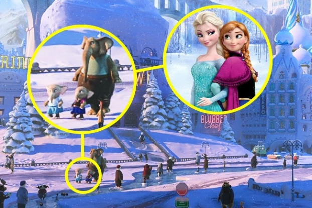   Trong Zootopia, bạn có thể thấy một ông voi bố cùng 2 con gái ăn mặc giống Elsa và Anna trong Frozen  