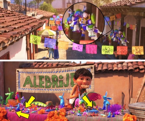   Tong bộ phim Coco, nếu tinh ý khán giả sẽ bắt gặp 1 vài nhân vật rất quen thuộc nhà Disney. Nhân vật Buzz Lightyear và Sheriff Woody (Toy Story) xuất hiện trên đường phố Mexico nơi cậu bé Coco sinh sống. Thậm chí cá mập, Nemo và Dory (Finding Dory) cũng góp mặt trong 1 cảnh quay ở quầy hàng đồ chơi  