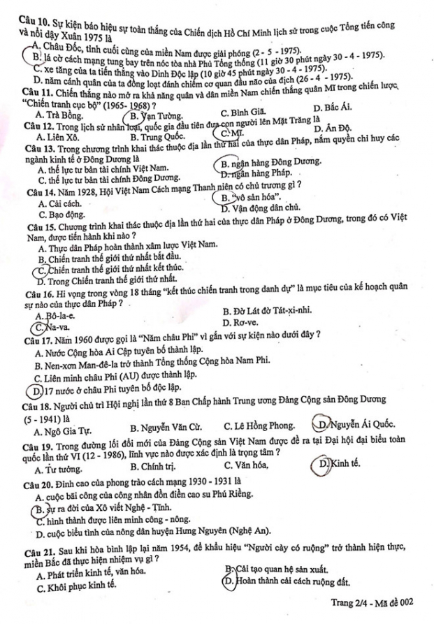 Đáp án đề thi môn Lịch sử vào lớp 10 ở Hà Nội 2