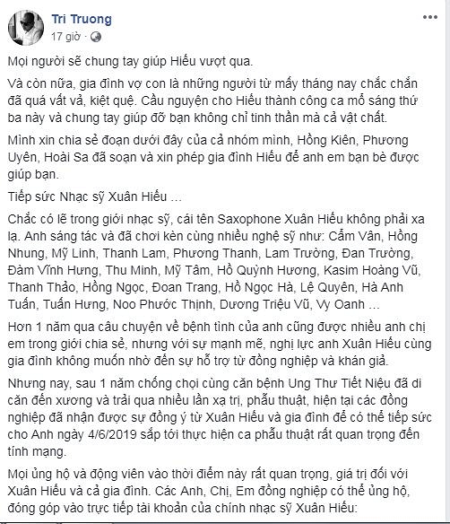   Nhạc sĩ Đức Trí kêu gọi bạn bè, người hâm mộ ủng hộ giúp đỡ nhạc sĩ Xuân Hiếu  