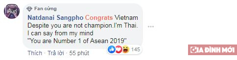   'Chúc mừng Việt Nam. Dù các bạn không phải nhà vô địch, nhưng đối với tôi, các bạn là số 1 Đông Nam Á 2019' - một khán giả Thái Lan bình luận  
