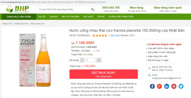   Thực phẩm bảo vệ sức khỏe Fracora Placenta Drink quảng cáo trên website có dấu hiệu lừa dối khách hàng  