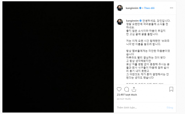   Bài đăng của Kangin trên trang cá nhân  
