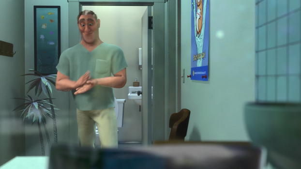   Nha sĩ trong Finding Nemo (Đi tìm Nemo) đi vệ sinh rồi tếp tục chữa răng cho bệnh nhân mà không rửa tay  