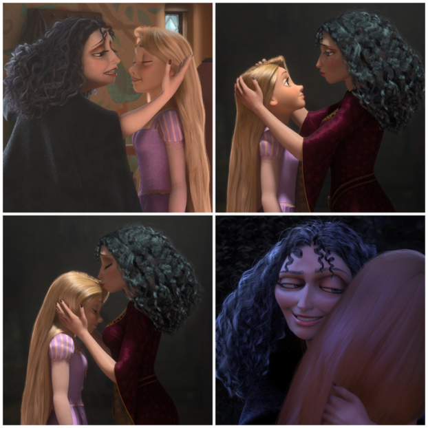   Trong Tangled (2010), mỗi khi mụ phù thủy Gothel thể hiện 'tình yêu' với Rapuzel thì thực tế luôn là mụ đang yêu mái tóc của nàng chứ không phải nàng. Mụ hôn mái tóc và chạm vào tóc nàng mỗi khi nói lời yêu thương  