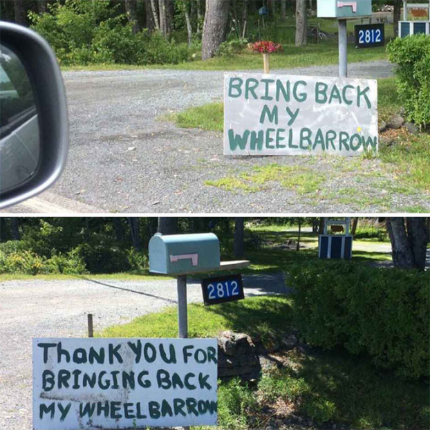   Sự tử tế của người Canada: Tấm biển đầu tiên ghi 'Hãy mang trả tôi xe đẩy', tấm biển thứ 2 ghi: 'Cảm ơn đã mang trả tôi chiếc xe đẩy'  