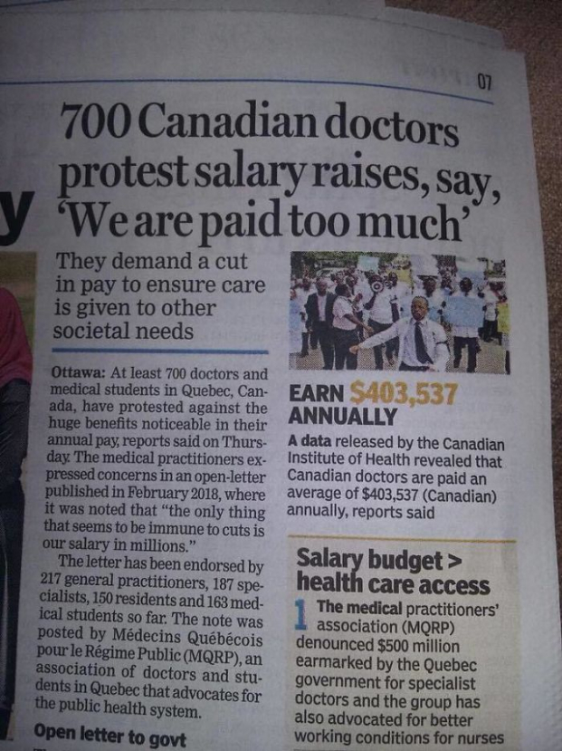   700 bác sĩ Canada phản đối việc tăng lương vì 'Chúng tôi đã được trả quá nhiều rồi'  