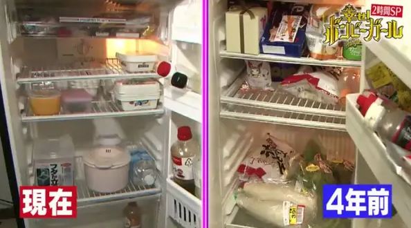   Tủ lạnh của Saki hiện tại (trái) và 4 năm trước (phải)  