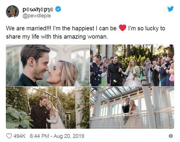   PewDiePie chia sẻ thông tin kết hôn trên Twitter  