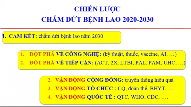   PGS.TS Phạm Viết Nhung khẳng định chiến lược chấm dứt bệnh lao năm 2030 gồm 1 cam kết, 2 đột phá, 3 chiến lược.  