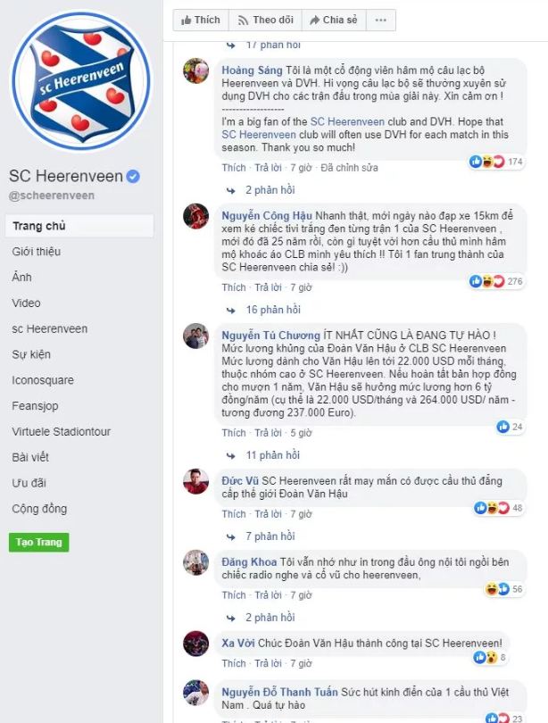   Cổ động viên Việt Nam 'bão' bình luận trên trang fanpage của SC Heerenveen sau vụ chuyển nhượng Đoàn Văn Hậu (Ảnh: Fox Sports Asia)  