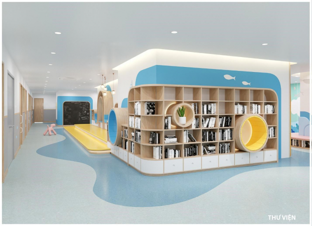   Phòng thư viện được thiết kế đẹp mắt, màu sắc sinh động, tươi sáng, kích thích niềm đam mê đọc sách cho trẻ  