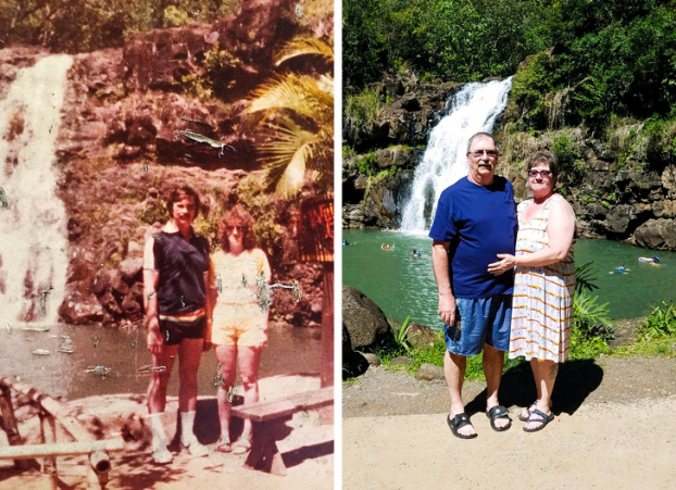   'Bố mẹ tôi đến Hawaii đón tuần trăng mật 30 năm trước. Năm nay họ quay lại để chụp bức ảnh này'  