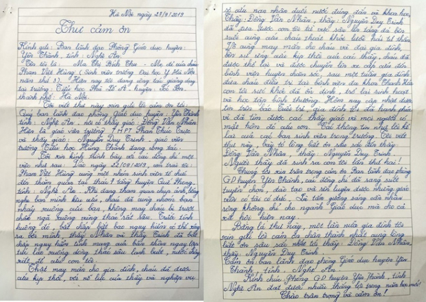   Bức thư của bà Thu cảm ơn 2 thầy giáo và Phòng GD&ĐT huyện Yên Thành.  