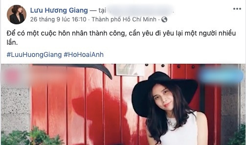  Hồi cuối tháng 9, Lưu Hương Giang đăng tải bức ảnh kèm caption mùi mẫn nói về chiêm nghiệm trong hôn nhân và gắn thẻ tag ông xã Hồ Hoài Anh.  