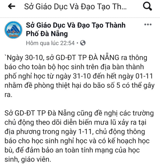   Trang facebook giả mạo Sở GD&ĐT TP Đà Nẵng thông báo học sinh nghỉ học.  