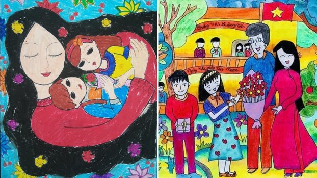 Học sinh hào hứng vẽ tranh kỷ niệm 40 năm Ngày Nhà giáo Việt Nam