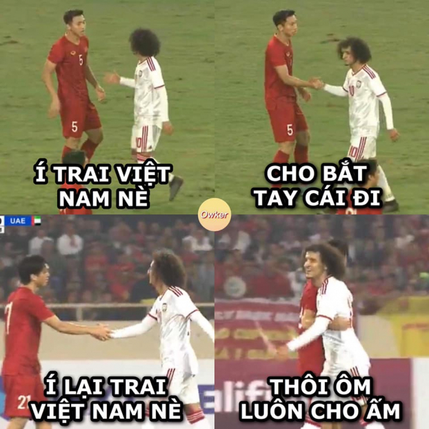  Màn giao lưu giữa các cầu thủ Việt Nam và UAE được fan chế ảnh hài hước (Ảnh: Fandom Owker)  