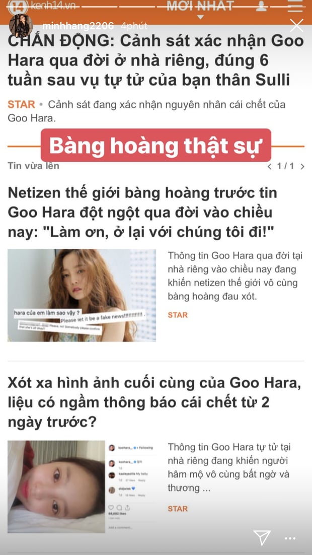   Ca sĩ Minh Hằng bàng hoàng khi nghe tin của cựu thành viên Kara  