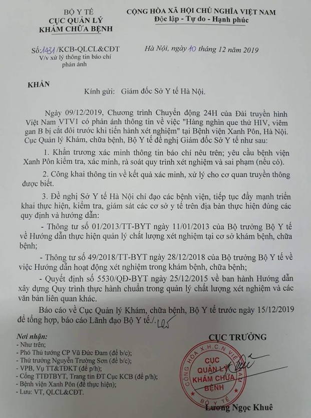  Công văn của Cục khám chữa bệnh (Bộ Y tế) gửi Giám đốc Sở y tế Hà Nội chỉ đạo xác minh thông tin vụ việc ở BV Xanh Pôn.  