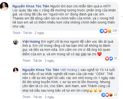   Nữ ca sĩ Tóc Tiên cũng đồng tình với quan điểm của Việt Hoàng đưa ra  