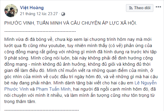   Việt Hoàng viết tâm thư mong CĐM đừng tạo thêm áp lực vì cả hai bạn đều còn nhỏ và đã phải chịu nhiều áp lực rồi  