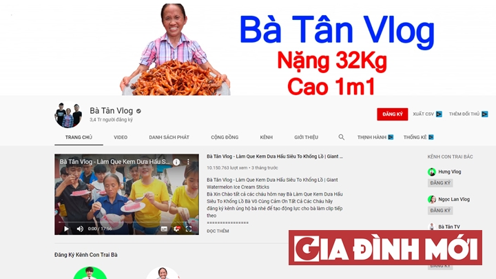   Kênh Bà Tân Vlog đang có 3,4 triệu người theo dõi  