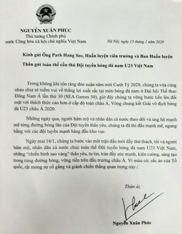   Bức thư của Thủ tướng Chính phủ Nguyễn Xuân Phúc  