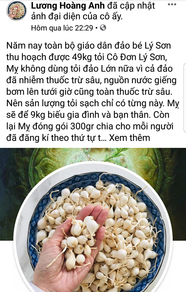   Hình ảnh đăng tải trên trang cá nhân nói rằng tỏi Lý Sơn nhiễm thuốc trừ sâu  