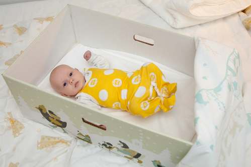   Một em bé Phần Lan nằm trong chiếc thùng carton do chính phủ tặng khi chào đời. Ảnh: Goodnet  
