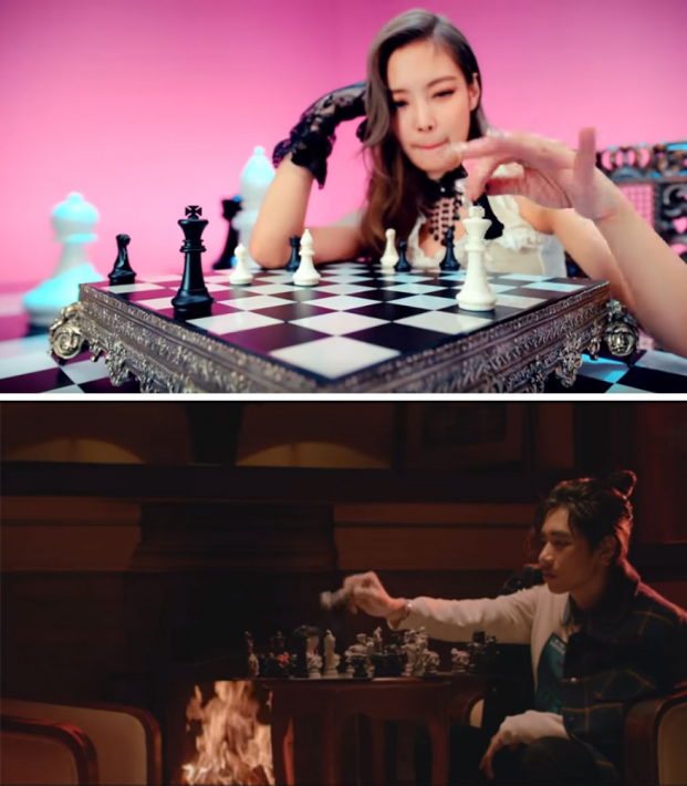   Không chỉ trùng với MV trong nước, nhiều fan Kpop còn chỉ ra sự tương đồng trong phân cảnh K-ICM ngồi chơi cờ vua và đá tung 1 quân cờ vô tình giống với phân cảnh của Jennie trong MV DDU-DU DDU-DU (BLACKPINK) phát hành năm 2018.  