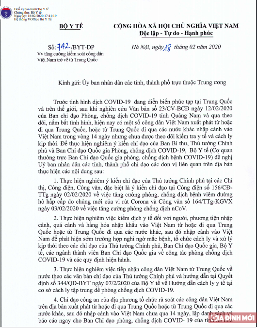   Công văn của Bộ Y tế về việc tăng cường kiểm soát công dân Việt Nam trở về từ Trung Quốc.  