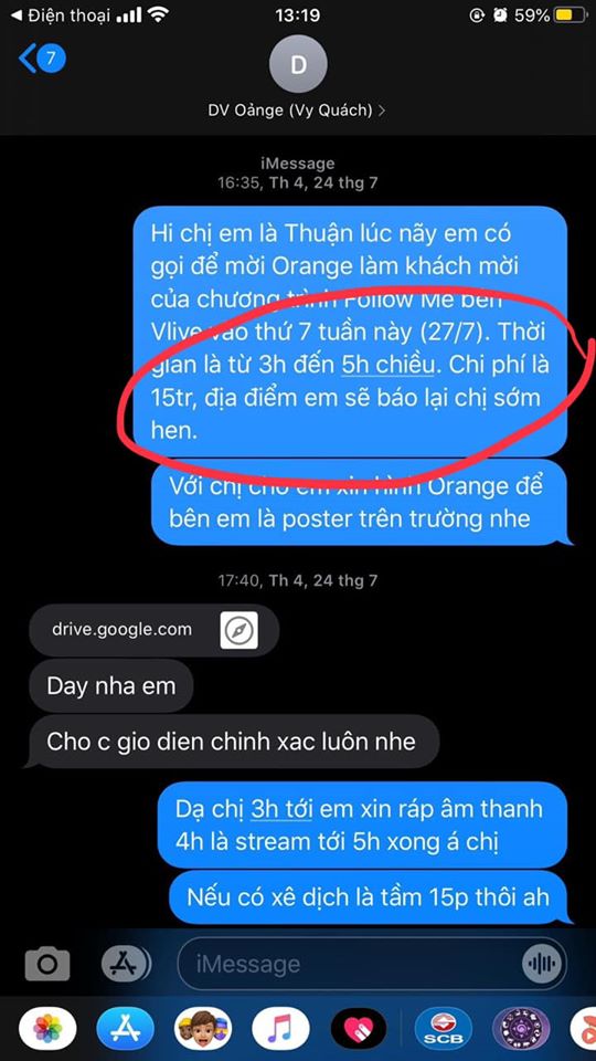   Orange đăng tải tin nhắn trao đổi giữa bên Vlive và Vy Quách (quản lý của Orange). Được biết, tin nhắn này là do chương trình Follow Me cung cấp.  