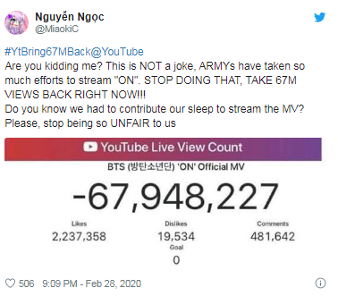 BTS bị YouTube âm thầm trừ hơn 60 triệu view trong đêm, fan nổi giận đòi công bằng 2
