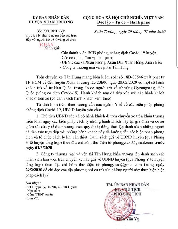   Công văn khẩn của UBND huyện Xuân Trường về việc yêu cầu cách ly với 4 người trở về từ Hàn Quốc và những người tiếp xúc gần.  