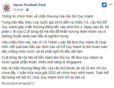   Thông báo chính thức của CLB Hà Nội về tình hình chấn thương của Duy Mạnh  