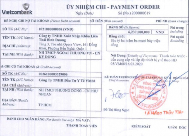   Biên lai chuyển tiền của công ty do bố mẹ Tiên Nguyễn đứng đầu để ủng hộ chiến dịch chống Covid-19  