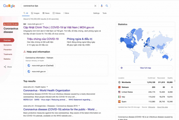   Chi tiết thông tin Coronavirus tips trên Google  