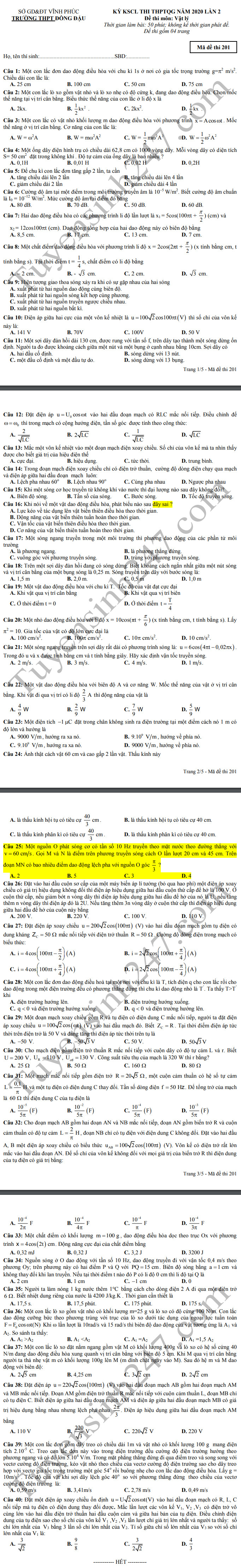Đề thi thử THPT Quốc gia 2020 môn Vật lý mới nhất có đáp án 3