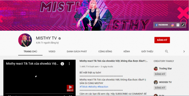   Kênh Youtube của Misthy hiện tại có 4,96 triệu người đăng ký  