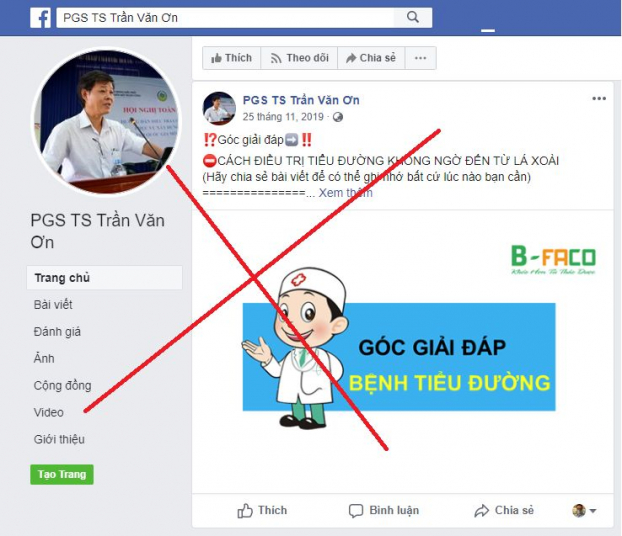   Một trang facebook mạo danh lấy đúng tên tuổi và chức danh khoa học của PGS.TS Trần Văn Ơn để bán sản phẩm  