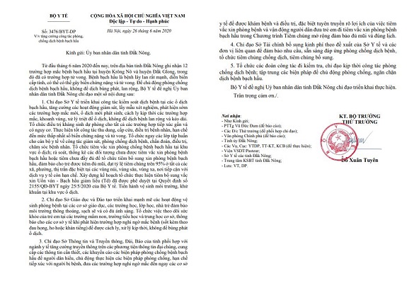   Công văn của Bộ Y tế gửi UBND tỉnh Đắk Nông về phòng chống dịch bệnh bạch hầu.  