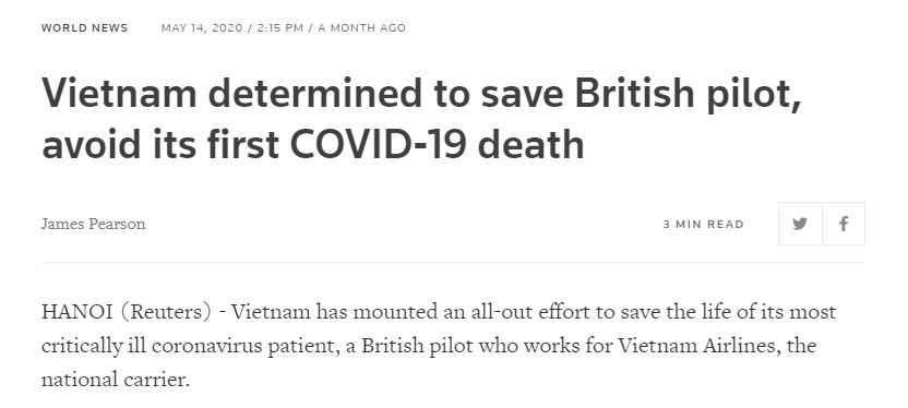   Trang Reuters đưa tin về việc Việt Nam quyết tâm cứu chữa phi công người Anh, không để trường hợp tử vong vì COVID-19  