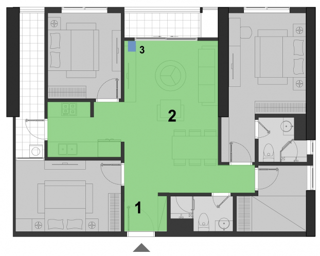   Thiết kế mặt bằng căn hộ The Terra - An Hưng, với việc tổ chức không gian lớn phục vụ các chức năng công cộng của gia đình. Ghi chú: 1 (Tiền phòng); 2 (Khách, bếp & ăn); 3 (Ban thờ).  