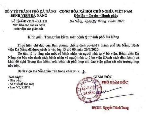   Công văn của BV Đà Nẵng về việc bệnh nhân trốn khỏi bệnh viện.  