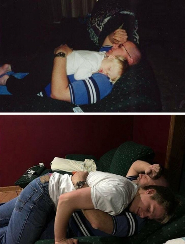   Con trai tôi và tôi, cách nhau 16 tuổi. Cùng một chiếc ghế dài, cùng một chiếc áo sơ mi trên người tôi  