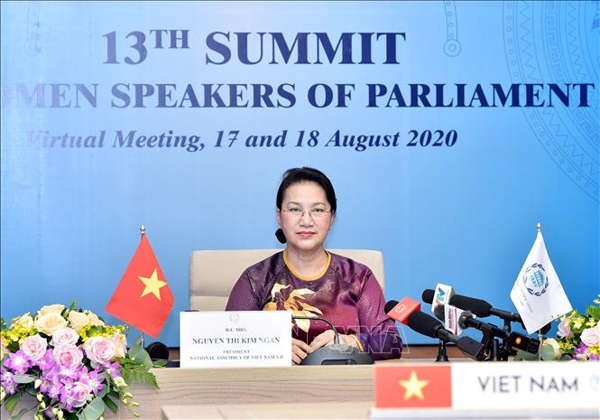   Chủ tịch Quốc hội Nguyễn Thị Kim Ngân tại Hội nghị trực tuyến các Nữ Chủ tịch Quốc hội thế giới lần thứ 13. Ảnh: TTXVN  