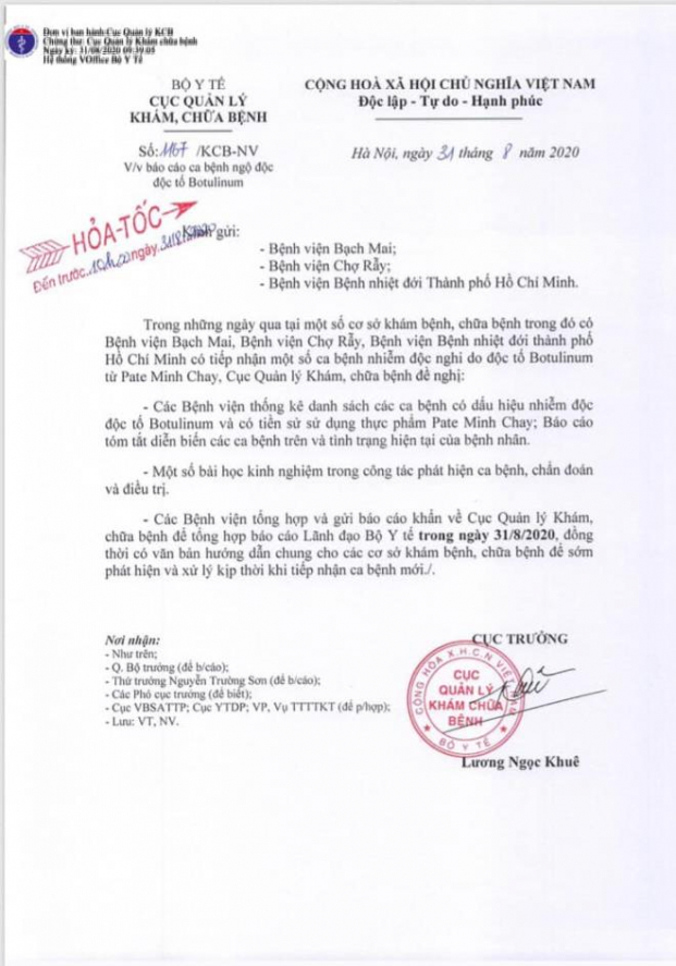Bộ Y tế yêu cầu 3 bệnh viện báo cáo khẩn các ca ngộ độc Pate Minh Chay 1
