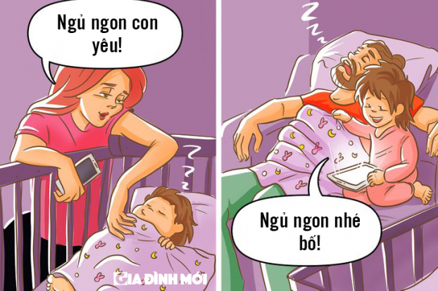 18 bức tranh minh họa hài hước sự khác biệt của bố và mẹ khi chăm con 14